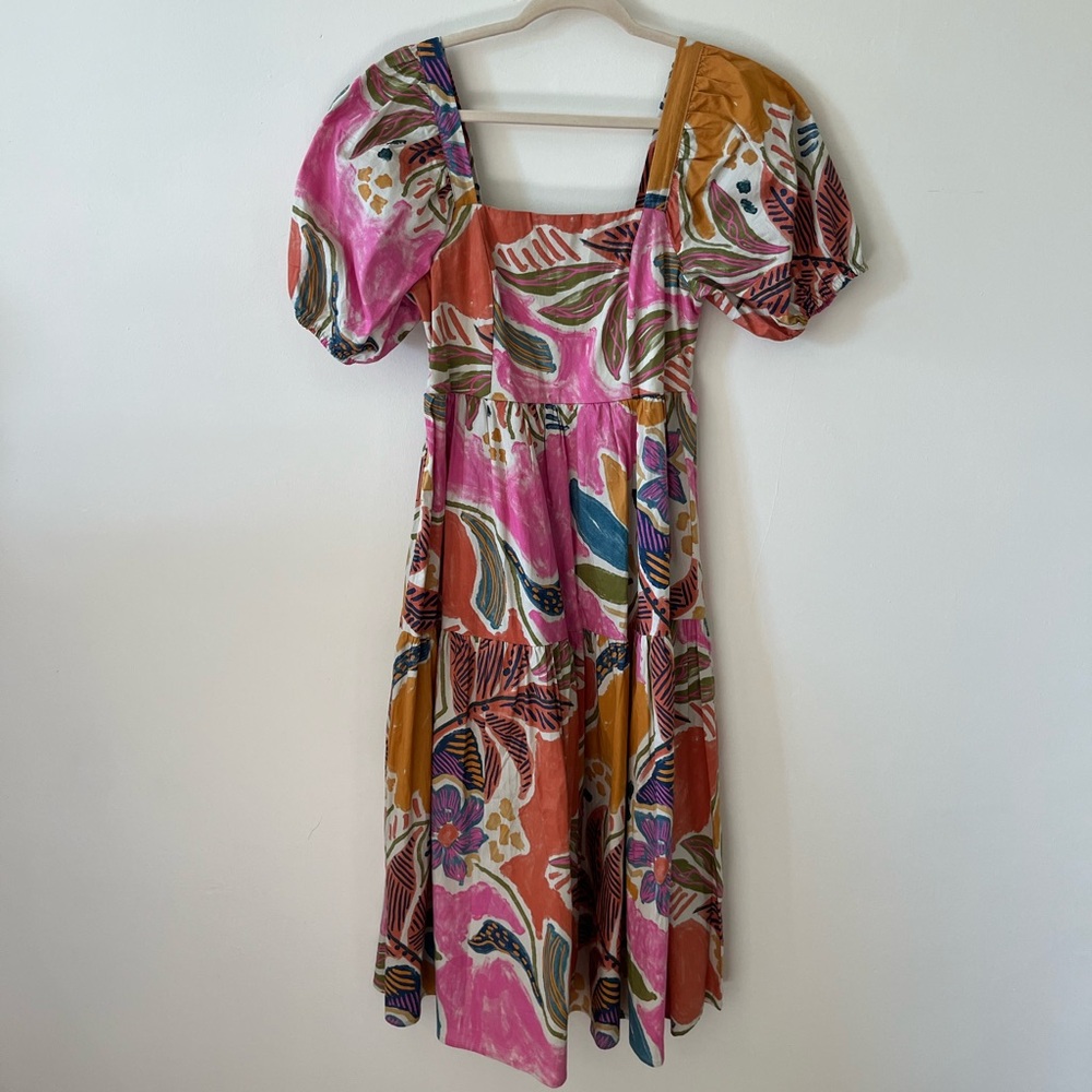 Pink Orange Floral Puff-Sleeve Midi Dress